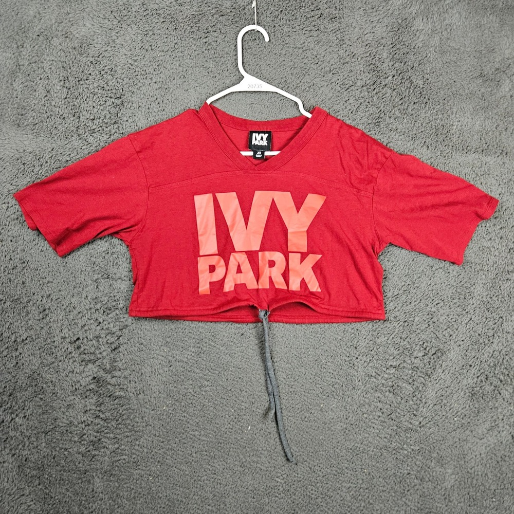 Ivy Park Womens XS Red Cropped V-Neck Jersey Graphic Logo T-Shirt